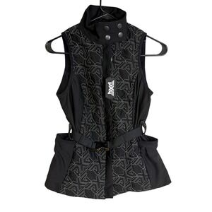 PXG Golf Vest Womens XS Black AOP Logo Embroidered Belt Full Zip Outdoor NWT